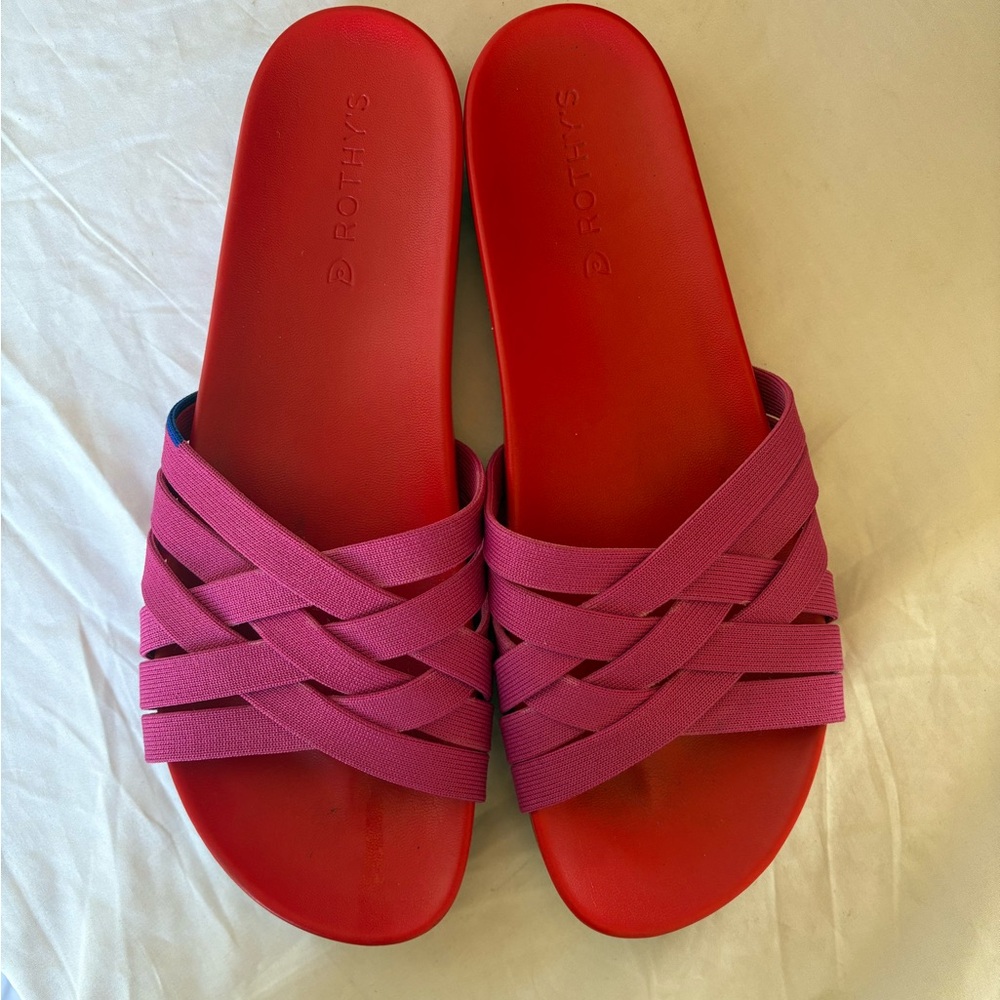 Rothy's The Slide Women's Pink and Cherry Red Woven Crossover Sandals Women’s 11